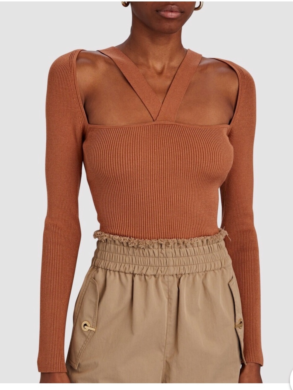INTERMIX Rust Brown Ribbed Cutout Long-Sleeve Top